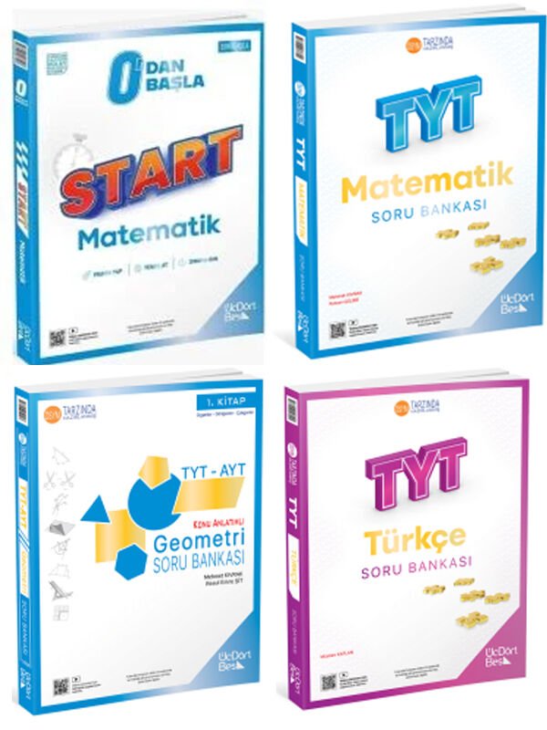 ÜçDörtBeş 2026 TYT Matematik + Geometri + Türkçe + 0 dan Başla Matematik Soru 4 lü Set