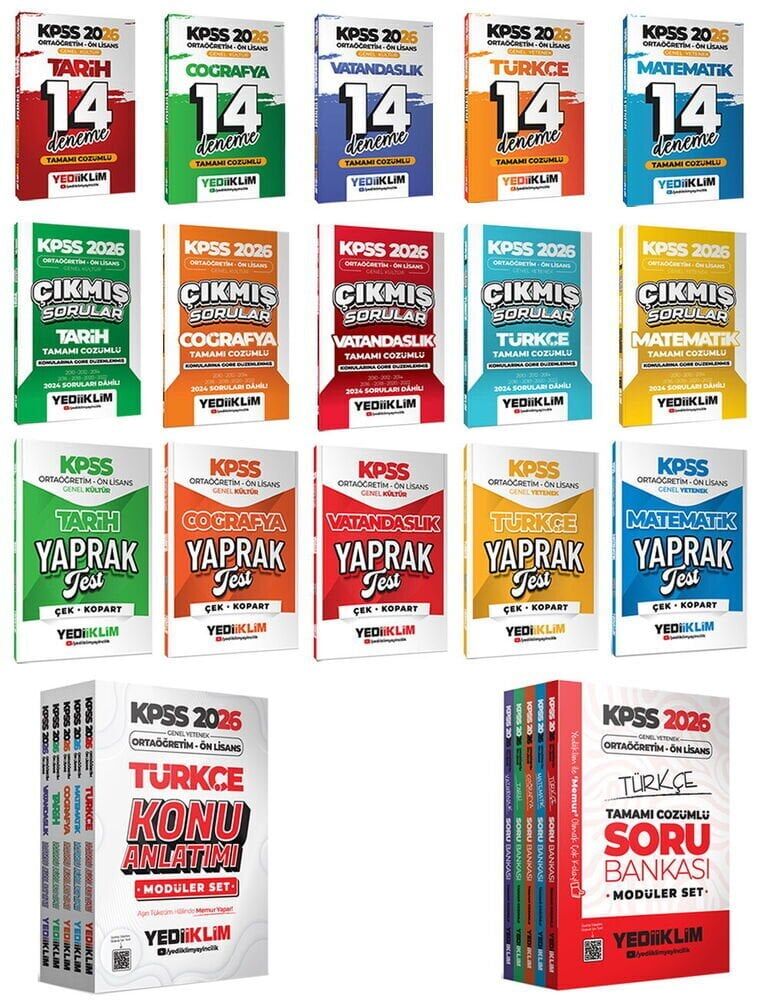 Yediiklim 2026 KPSS Lise Ortaöğretim Ön Lisans Modüler Konu + Soru Bankası + 70 Deneme + Çıkmış Sorular + Yaprak Test 17 li Set Yediiklim Yayınları