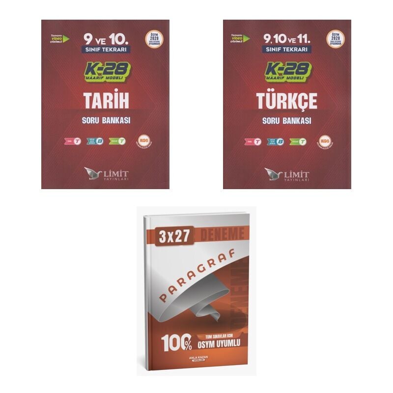 2027 Limit TYT 9. ve 10. Sınıf Tekrarı K-28 Maarif Model Tarih + Türkçe Soru + anla kazan paragraf deneme 3'lü Set