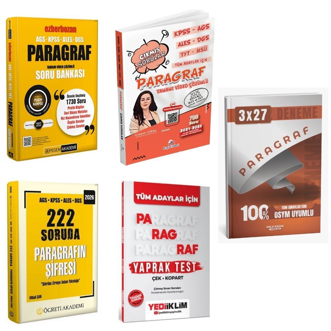 Pegem AGS KPSS ALES DGS Ezberbozan Paragraf Soru Bankası + Öğreti Paragraf Soru Bankası + Dizgi Paragraf Çıkmış Sorular + Yediiklim Paragraf Yaprak Test Süper Set