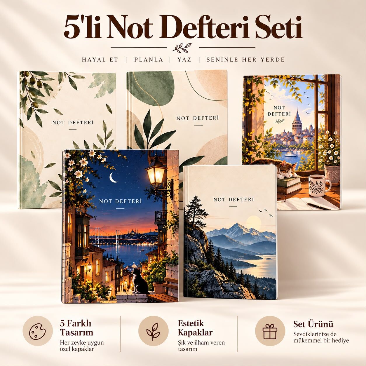 Defnot Çizgisiz Not Defteri Seti 5 Defter 5 Farklı Kapak 2027