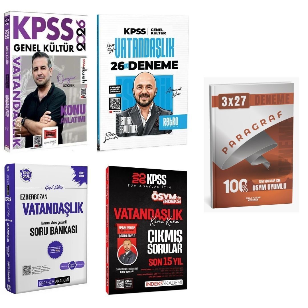 Yargı Yayınları 2026 KPSS Genel Kültür Vatandaşlık Konu Anlatımı + Pegem KPSS Ezberbozan Vatandaşlık Soru Bankası + Retro KPSS Vatandaşlık 26 Deneme + İndeks KPSS Vatandaşlık Son 15 Yıl Konu Konu Çıkmış Sorular KPSS Vatandaşlık Karma Süper Set