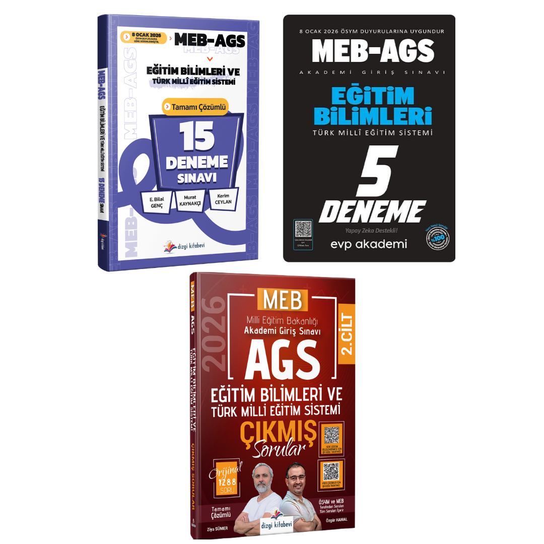 Dizgi Kitap 2026 MEB AGS Eğitim Bilimleri ve Türk Milli Eğitim Sistemi 15 Deneme & EVP Akademi Eğitim Bilimleri ve Türk Milli Eğitim Sistemi 5 Deneme + Çıkmış Sorular Seti