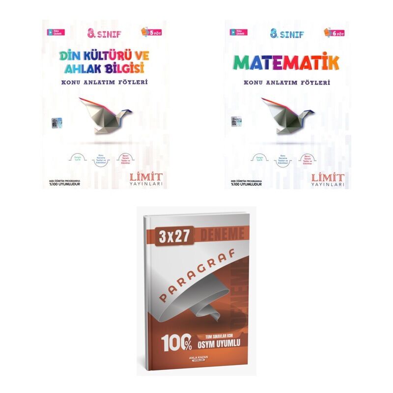 2027 Limit 8. Sınıf Föyleri Din Kültürü ve Ahlak Bilgisi + Matematik Konu + anla kazan paragraf deneme 3'lü Set