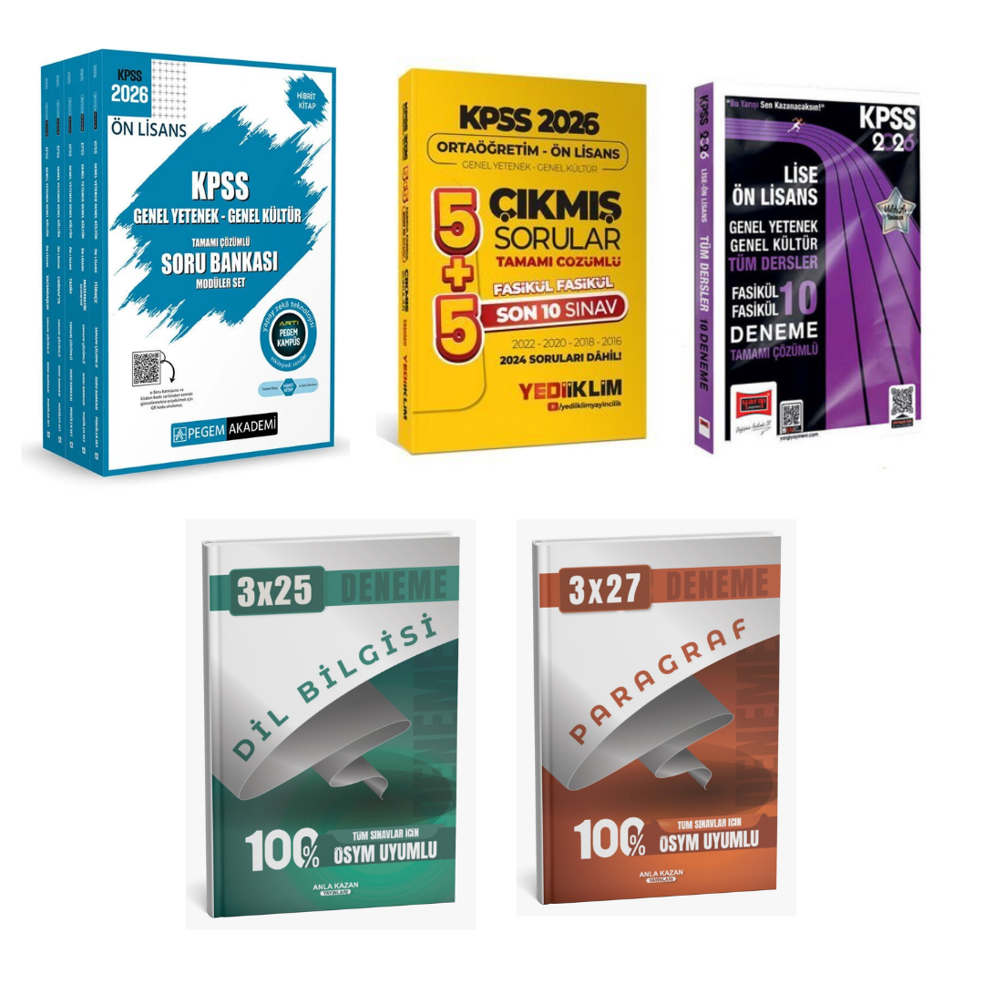 Pegem KPSS Ön Lisans Soru Bankası Modüler Set Genel Yetenek Genel Kültür Tamamı Çözümlü (5 Kitap) + Yediiklim Tamamı Çözümlü Son 10 Sınav Fasikül Fasikül Çıkmış Sorular + Ön Lisans 10 Deneme Yargı Yayınları Seti