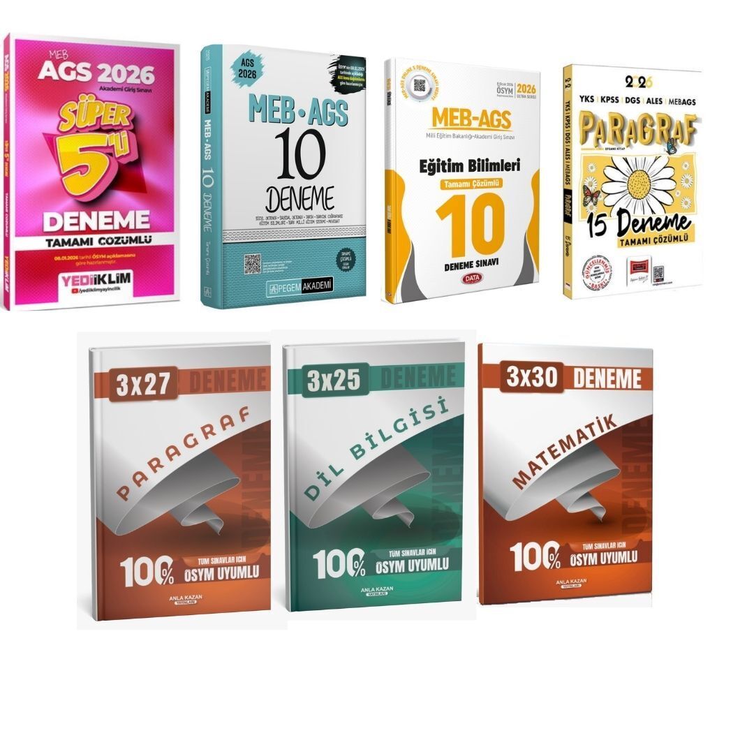 Pegem 2026 MEB AGS Tamamı Çözümlü 10 Deneme + Data MEB AGS Eğitim Bilimleri  10 Deneme + Yediiklim MEB AGS Süper 5 li Deneme + Yargı MEB AGS Paragraf 15 Deneme Seti