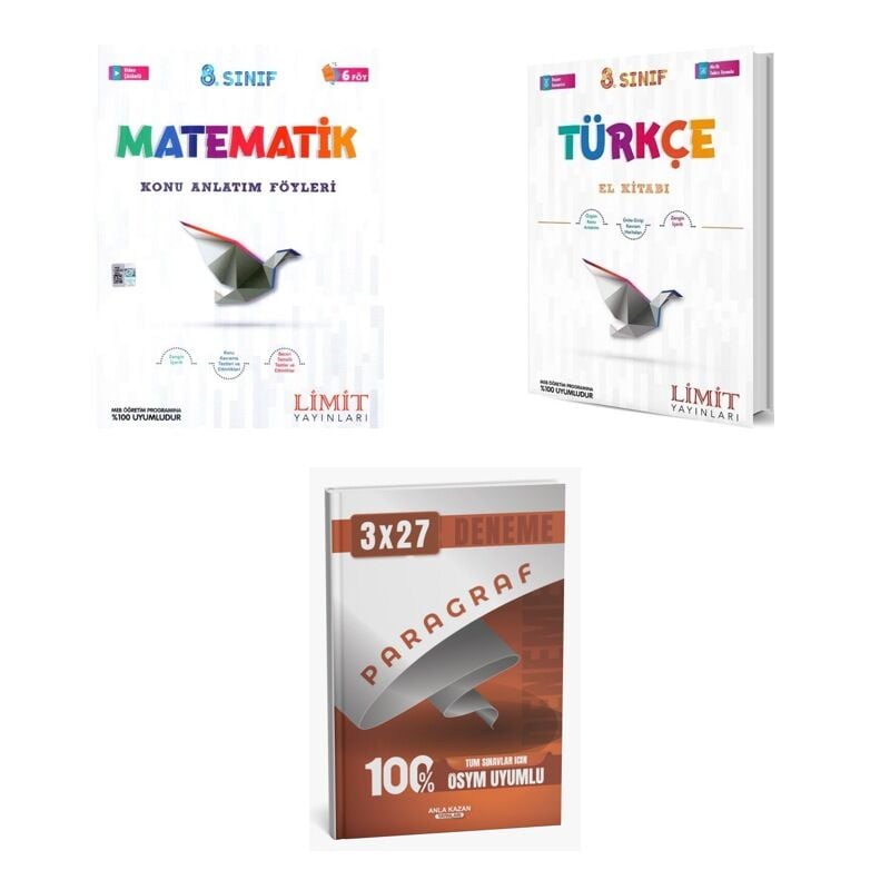 2027 Limit 8. Sınıf Matematik Föyleri Konu + Türkçe El Kitabı + anla kazan paragraf deneme 3'lü Set