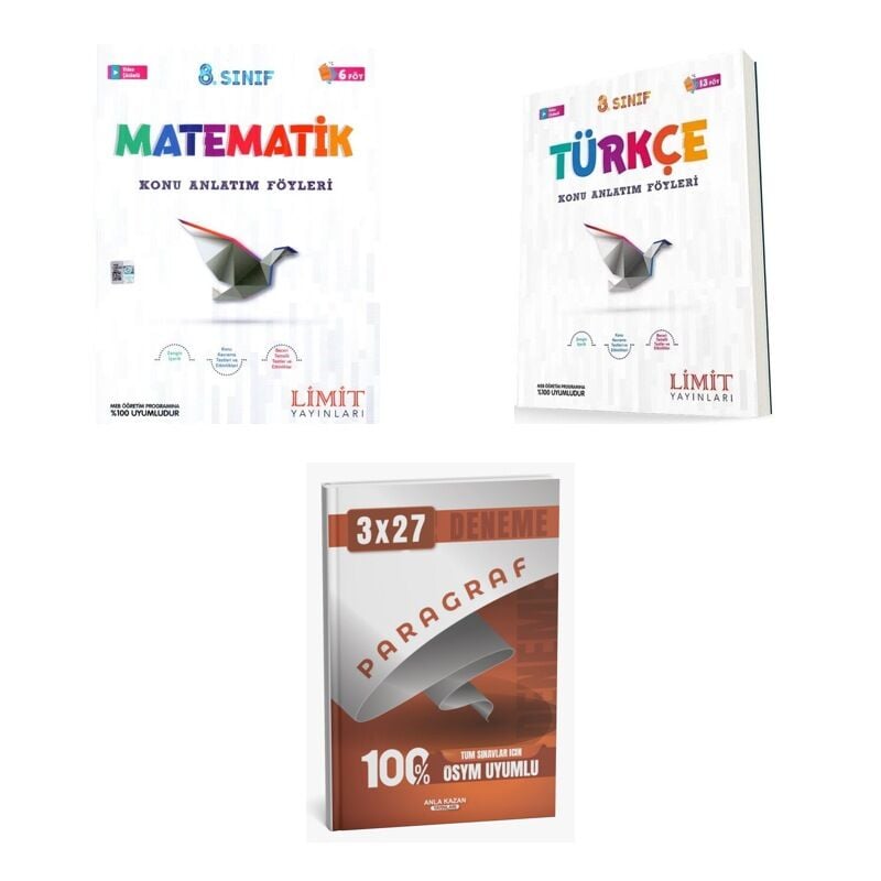 2027 Limit 8. Sınıf Föyleri Matematik + Türkçe 13 Föy Konu + anla kazan paragraf deneme 3'lü Set