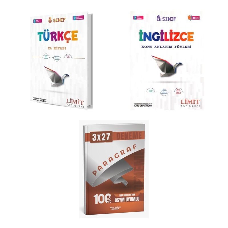 2027 Limit 8. Sınıf Türkçe El Kitabı + İngilizce Föyleri Konu + anla kazan paragraf deneme 3'lü Set
