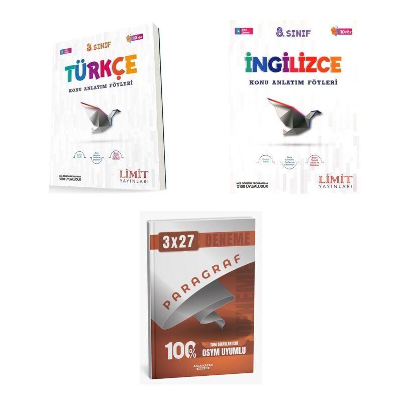 2027 Limit 8. Sınıf Föyleri Türkçe 13 Föy + İngilizce Konu + anla kazan paragraf deneme 3'lü Set