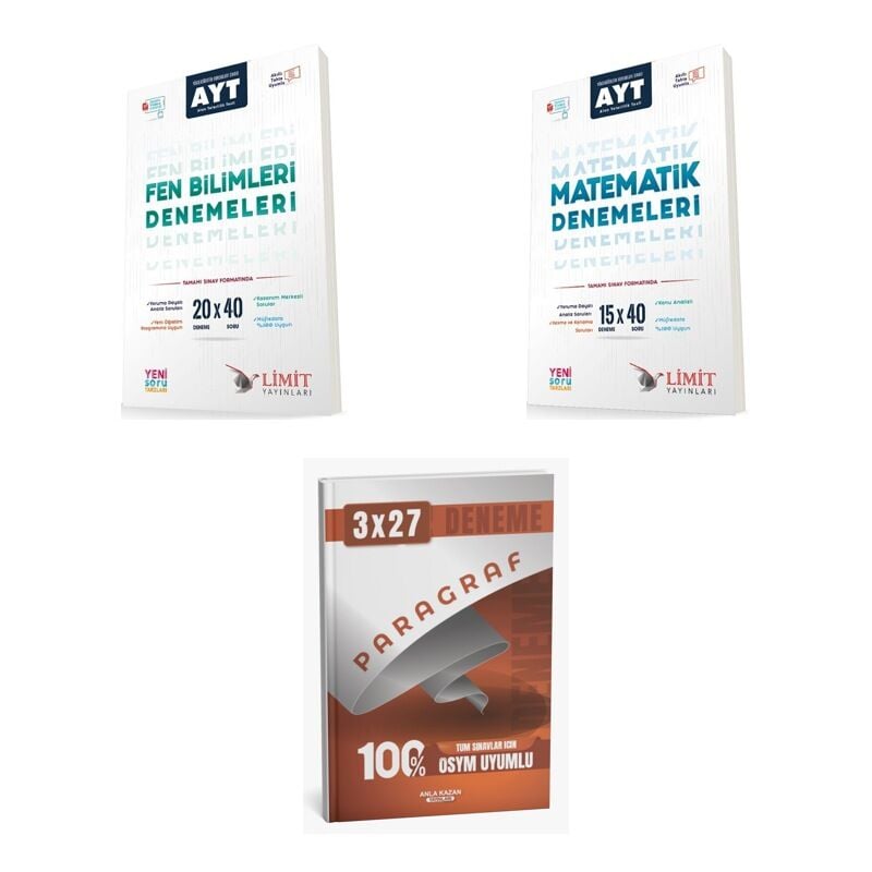 2027 Limit AYT Video Çözümlü Fen Bilimleri 20x40 + Matematik 15x40 Deneme + anla kazan paragraf deneme 3'lü Set