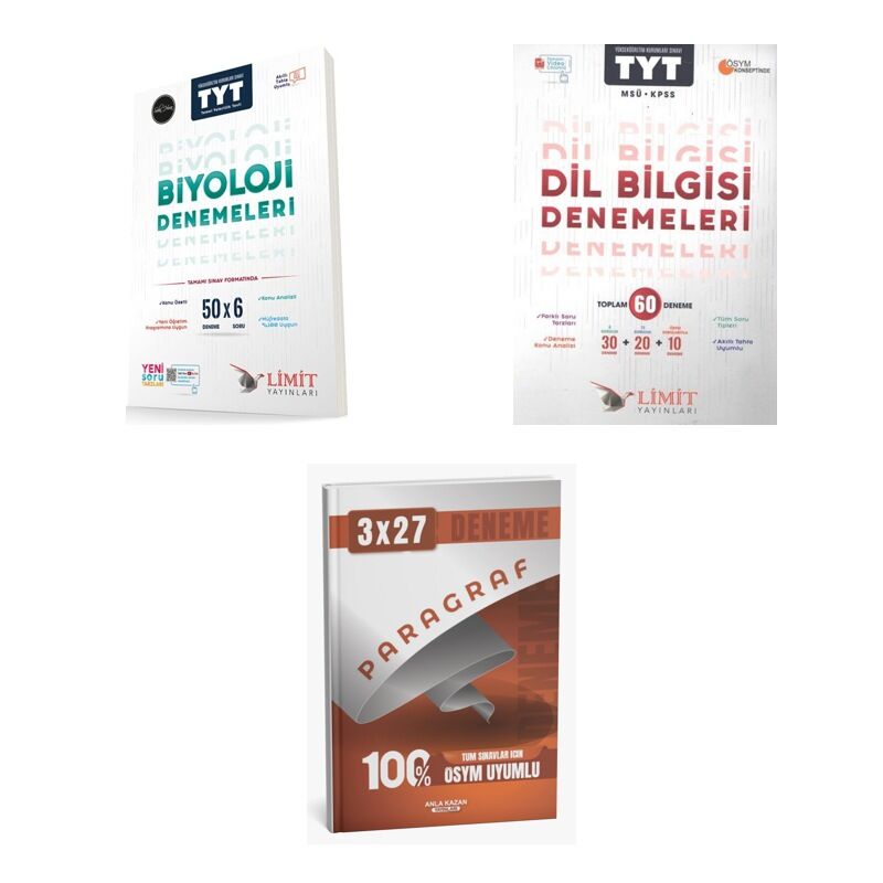 2027 Limit TYT Biyoloji 50x6 + Türkçe Dil Bilgisi 60 Deneme Deneme + anla kazan paragraf deneme 3'lü Set