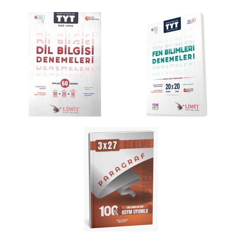2027 Limit TYT Türkçe Dil Bilgisi 60 Deneme + Fen Bilimleri 20 x 20 Deneme + anla kazan paragraf deneme 3'lü Set