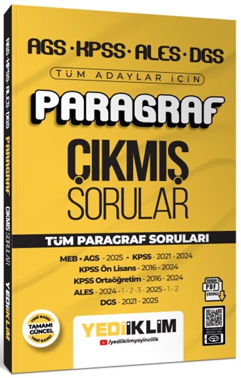 Yediiklim Yayınları AGS KPSS ALES DGS Tüm Adaylar İçin Paragraf Tamamı PDF Çözümlü Tüm Paragraf Soruları Çıkmış Sorular