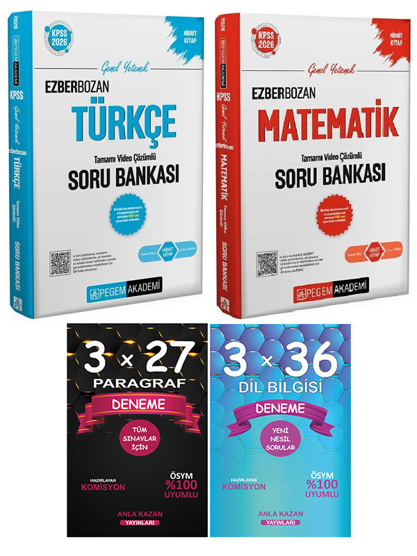Pegem + Anla Kazan KPSS Ezberbozan Türkçe Matematik Soru Paragraf + Dil Bilgisi Deneme 4 lü Set