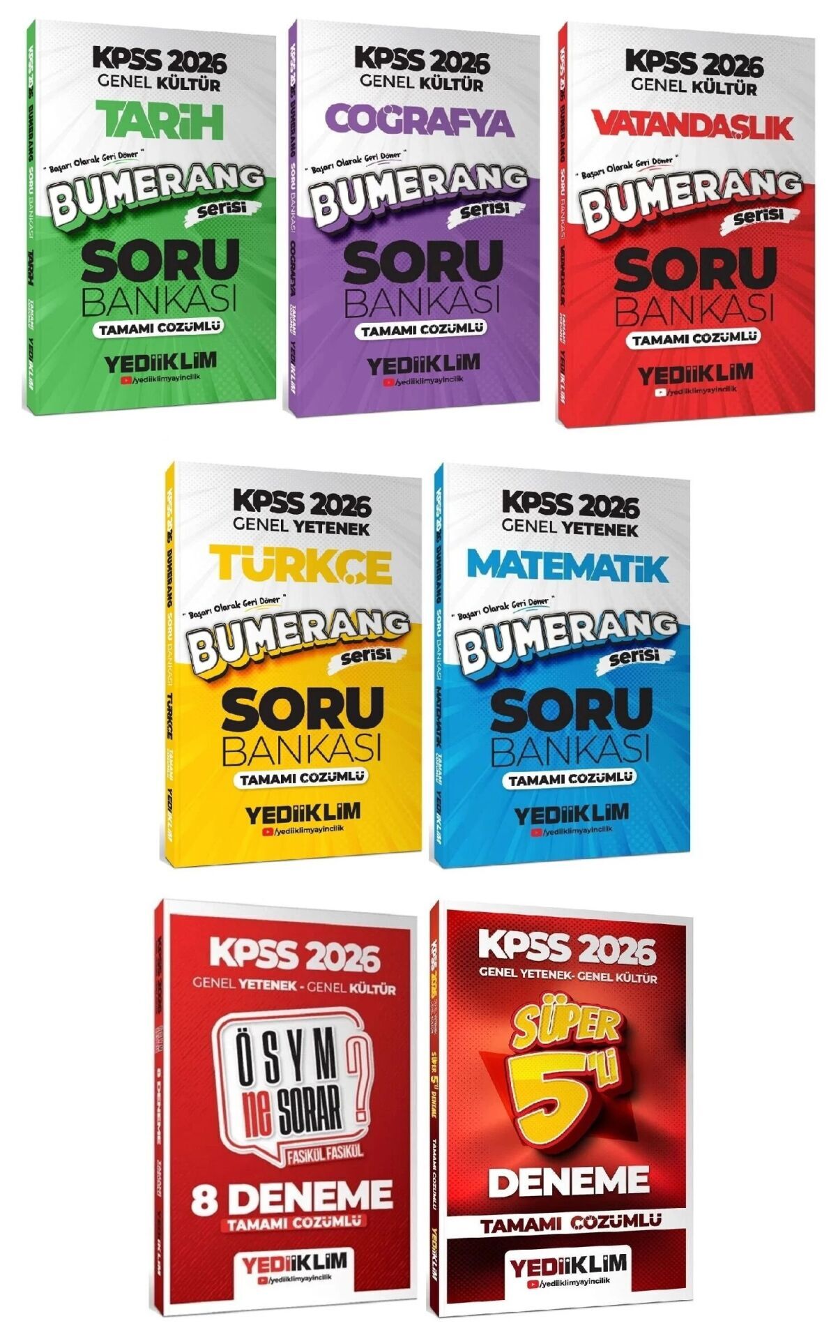 Yediiklim 2026 KPSS Genel Yetenek Genel Kültür Bumerang Soru Bankası + 8+5 Deneme 7 li Set Yediiklim Yayınları
