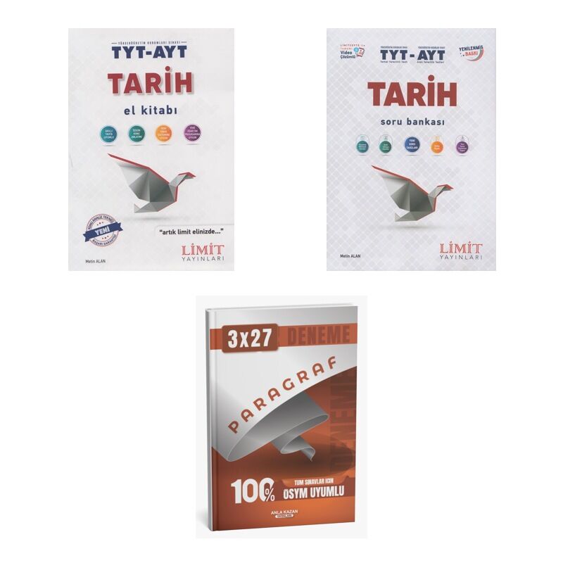 2027 Limit TYT AYT Tarih El Kitabı + Video Çözümlü Soru + anla kazan paragraf deneme 3'lü Set