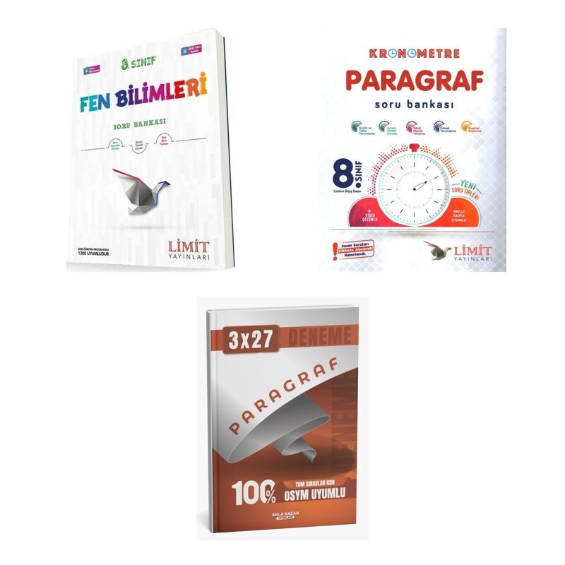 2027 Limit 8. Sınıf LGS Fen Bilimleri + Paragraf Kronometre Soru + anla kazan paragraf deneme 3'lü Set