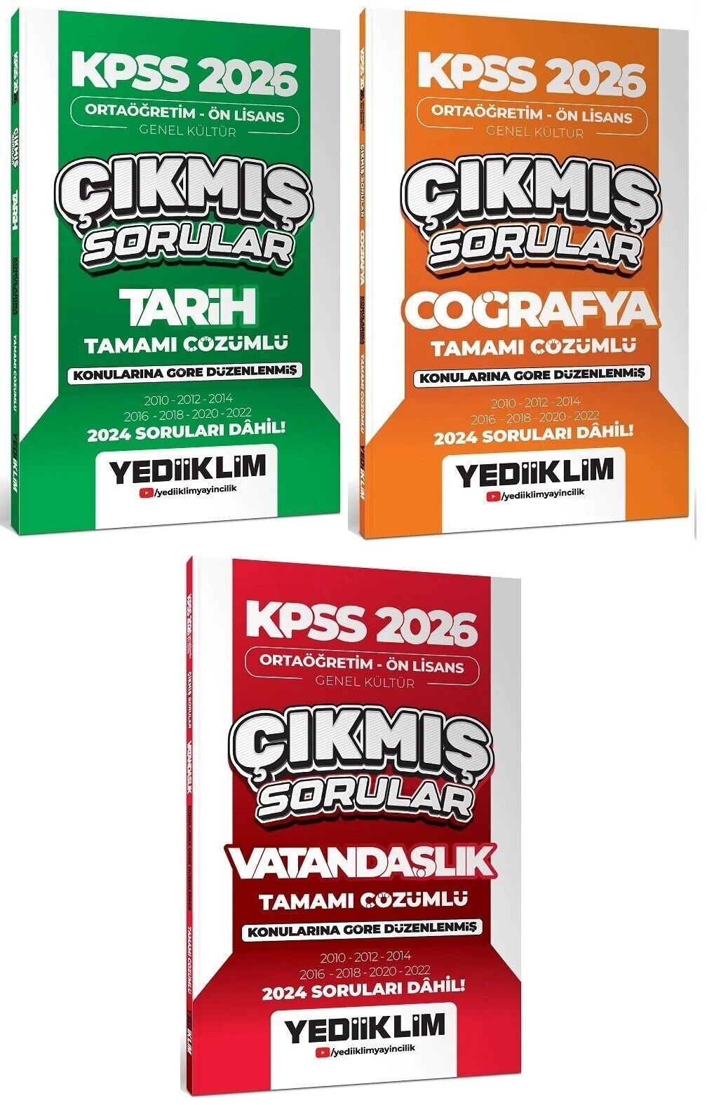 Yediiklim 2026 KPSS Lise Ortaöğretim Ön Lisans Tarih + Coğrafya + Vatandaşlık Çıkmış Sorular Konularına Göre 3 lü Set Yediiklim Yayınları