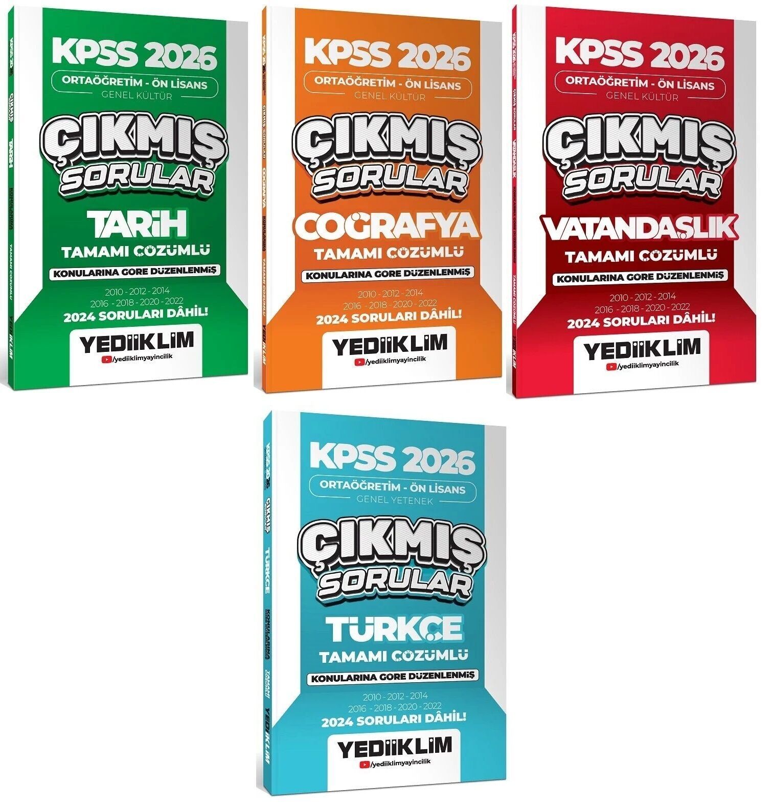 Yediiklim 2026 KPSS Lise Ortaöğretim Ön Lisans Tarih + Coğrafya + Vatandaşlık + Türkçe Çıkmış Sorular Konularına Göre 4 lü Set Yediiklim Yayınları