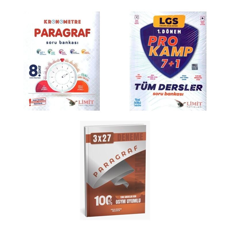 2027 Limit LGS Paragraf 8. Sınıf Kronometre + Tüm Dersler Prokamp Soru + anla kazan paragraf deneme 3'lü Set