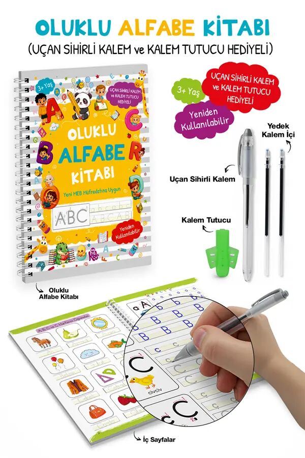 Oluklu Alfabe Kitabı / Uçan Sihirli Kalem ve Kalem Tutucu Hediyeli / 3+