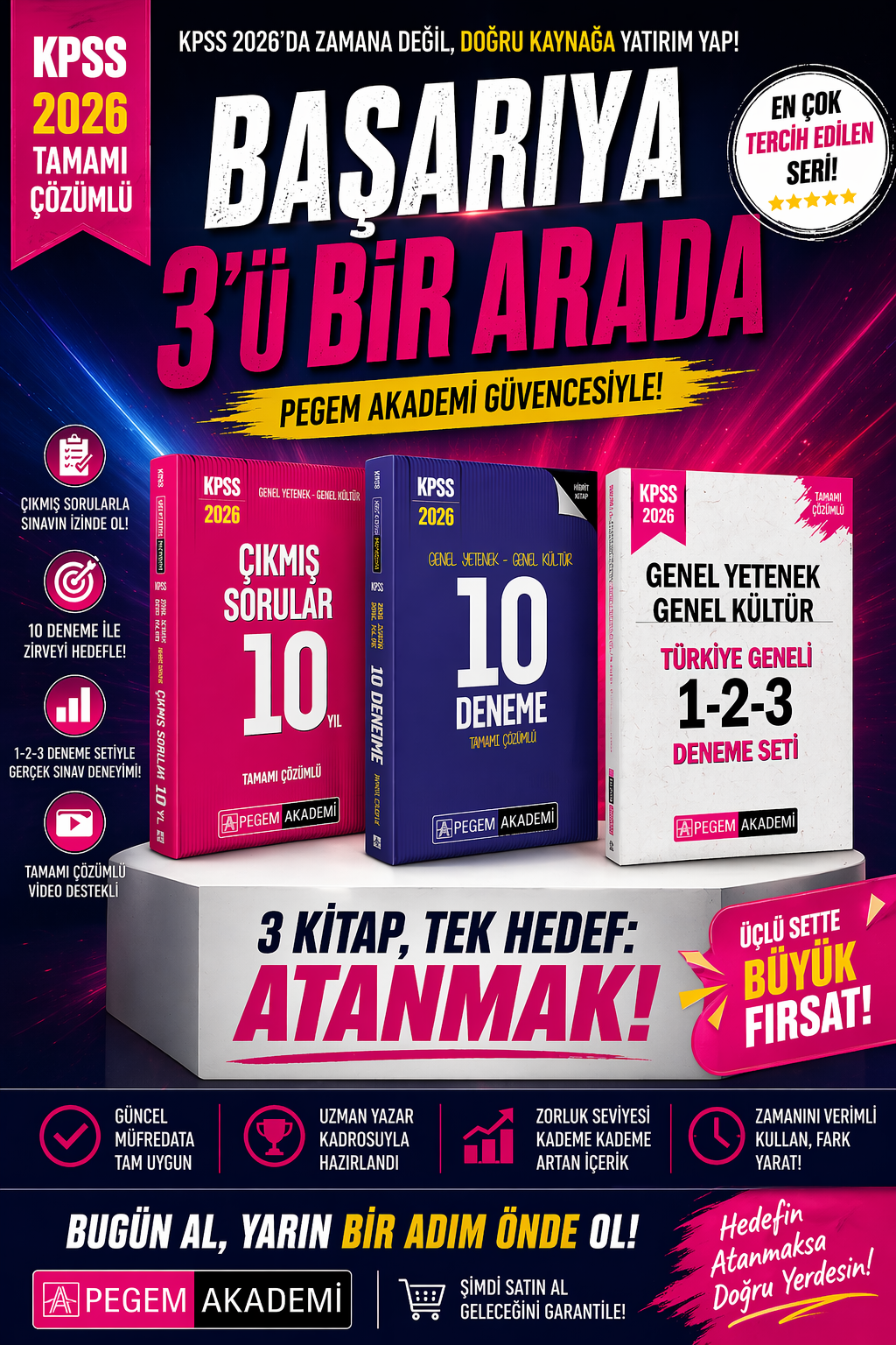 Pegem 2026 KPSS Çıkmış Sorular 10 Yıl & KPSS Türkiye Geneli 1-2-3 (3'lü Deneme Seti) & KPSS GK GY 10 Deneme Seti