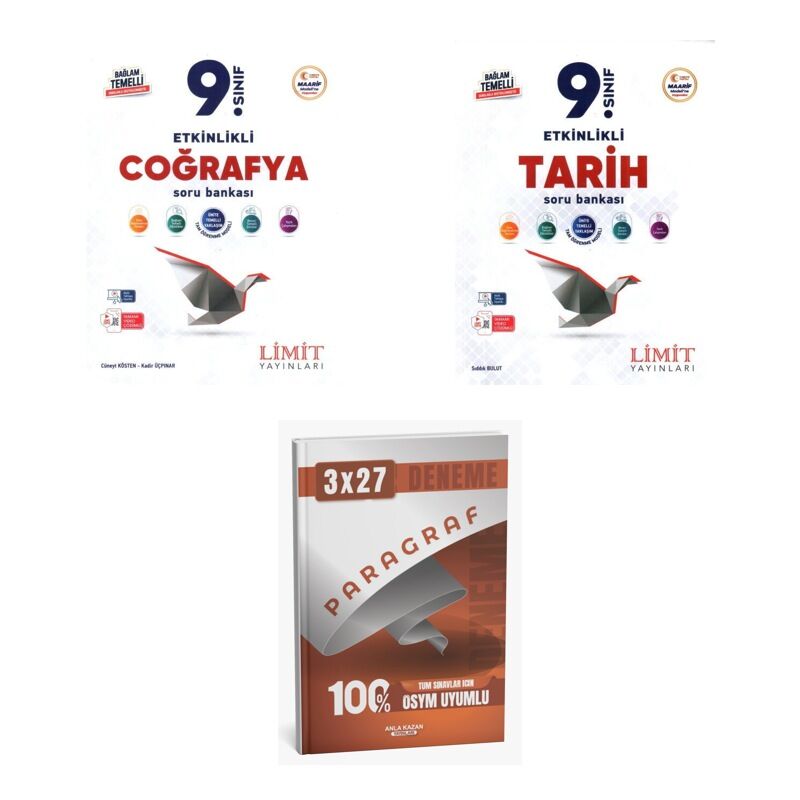 2027 Limit 9. Sınıf Etkinlikli Maarif Coğrafya + Tarih Soru + anla kazan paragraf deneme 3'lü Set