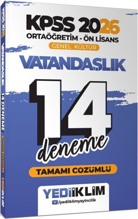 Yediiklim Yayınları 2026 KPSS Ortaöğretim Ön Lisans Vatandaşlık Tamamı Çözümlü 14 Deneme