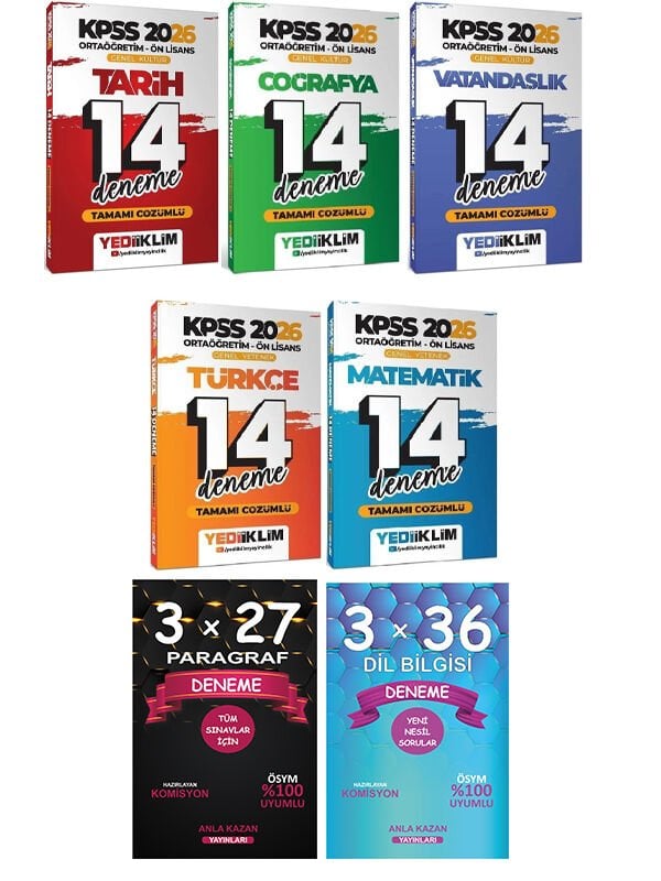 Yediiklim + Anla Kazan 2026 KPSS Lise Ortaöğretim Ön Lisans 70 Deneme 7 li Set
