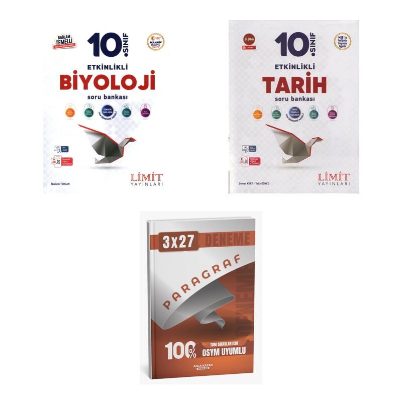 2027 Limit 10. Sınıf Etkinlikli Biyoloji Maarif + Tarih Soru + anla kazan paragraf deneme 3'lü Set