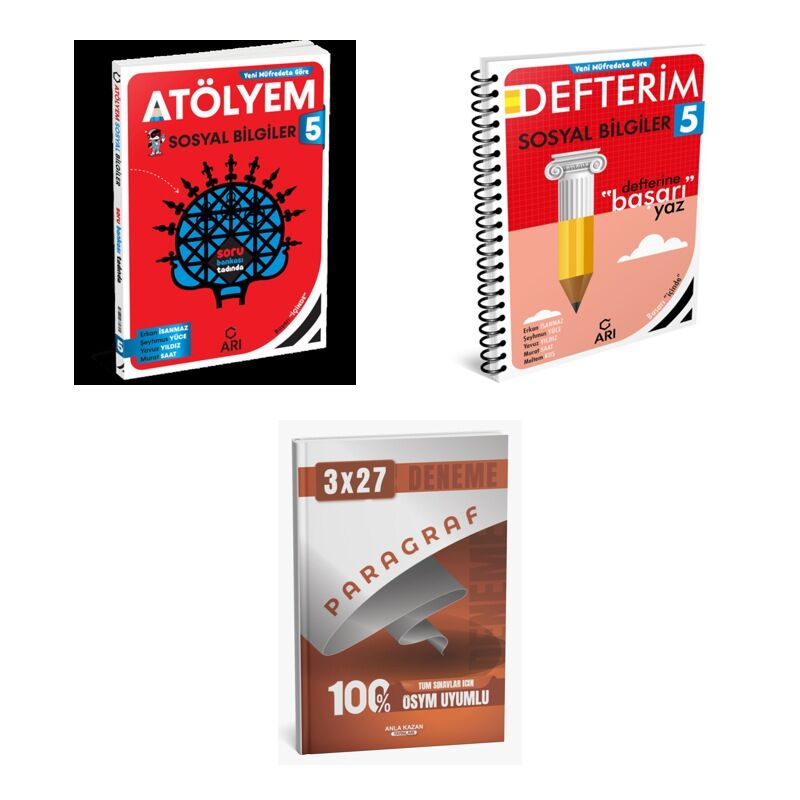2027 Arı 5 Sınıf Sosyalimo Bilgiler Sosyal Atölyem Soru + Defterim Konu + anla kazan paragraf deneme 3'lü Set