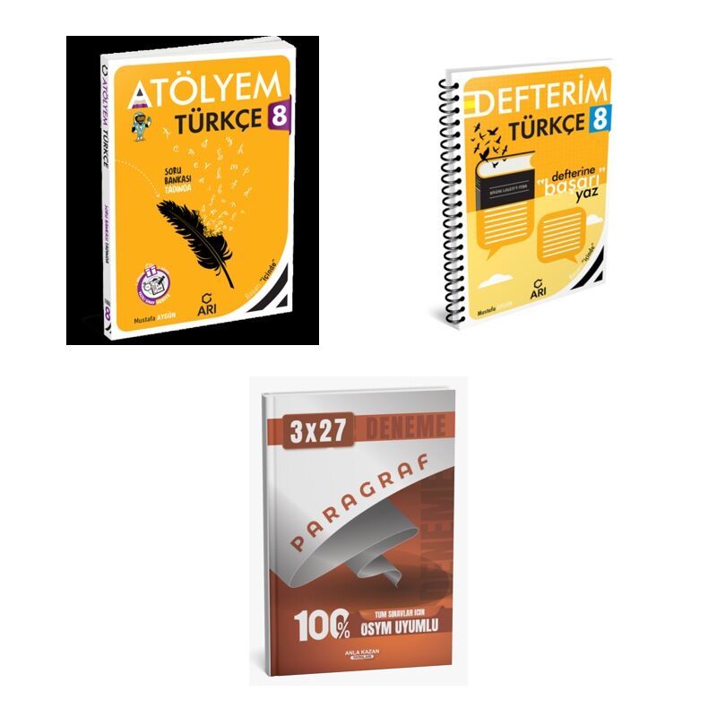 2027 Arı 8 Sınıf Türkçemino Türkçe Atölyem Soru + Defterim Konu + anla kazan paragraf deneme 3'lü Set