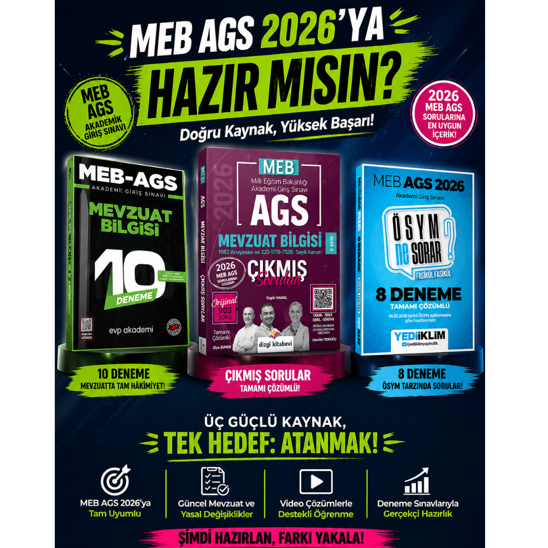 Yediiklim 2026 MEB AGS ÖSYM Ne Sorar 8 Fasikül Deneme & MEB AGS Mevzuat Bilgisi Deneme Evp Akademi + Çıkmış Sorular Seti