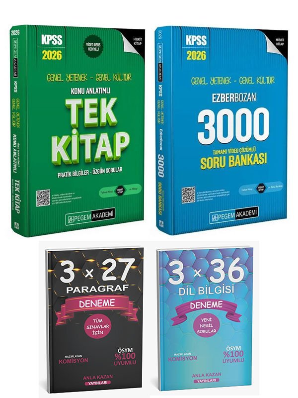 Pegem + Anla Kazan 2026 KPSS GYGK Konu + 3000 Soru + Paragraf Dil Bilgisi Deneme 4 lü Set