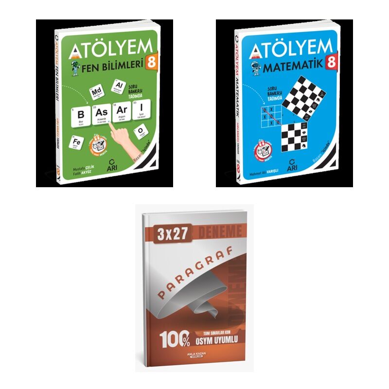 2027 Arı 8 Sınıf Atölyem Fen Fenito Bilimleri + Matematik Matemito Soru + anla kazan paragraf deneme 3'lü Set