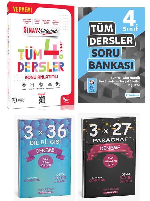 Anla Kazan 2026 Sınav + Tudem 4. Sınıf Tüm Dersler Konu ve Soru Paragraf Dil Bilgisi Deneme 4lü Set