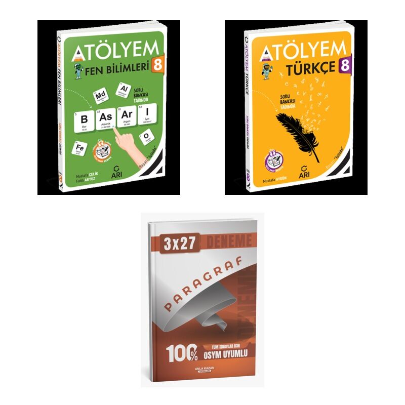 2027 Arı 8 Sınıf Atölyem Fen Fenito Bilimleri + Türkçe Türkçemino Soru + anla kazan paragraf deneme 3'lü Set