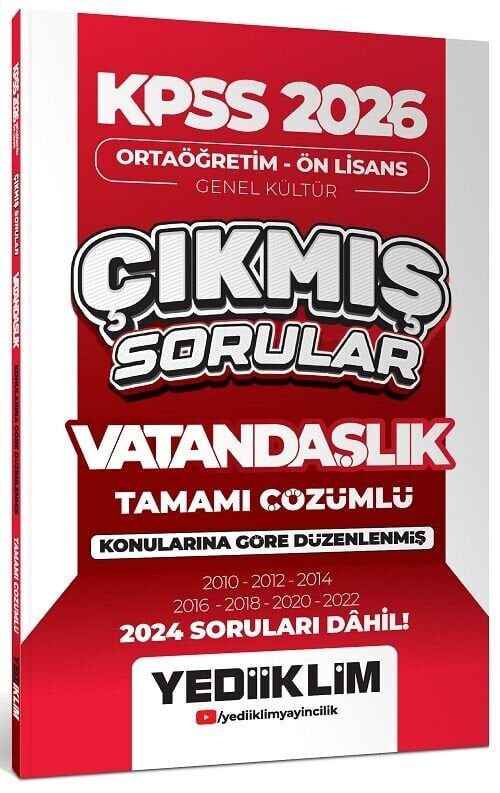 Yediiklim 2026 KPSS Lise Ortaöğretim Ön Lisans Vatandaşlık Çıkmış Sorular Konularına Göre Çözümlü Yediiklim Yayınları