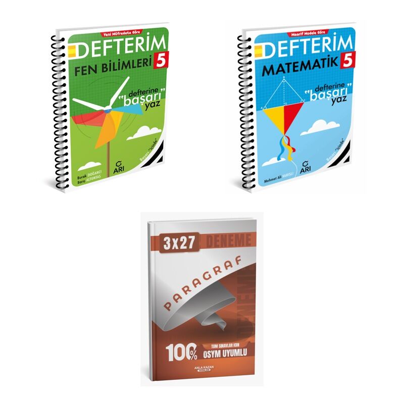 2027 Arı 5 Sınıf Defterim Fen Fenito Bilimleri + Matematik Matemito Konu + anla kazan paragraf deneme 3'lü Set