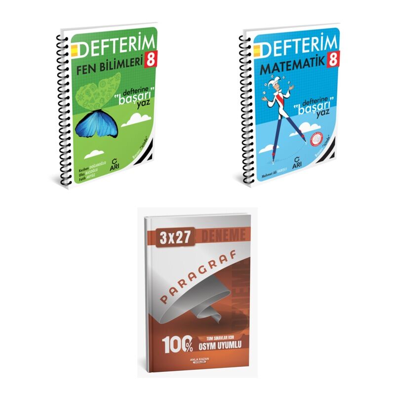 2027 Arı 8 Sınıf Defterim Fen Fenito Bilimleri + Matematik Matemito Konu + anla kazan paragraf deneme 3'lü Set