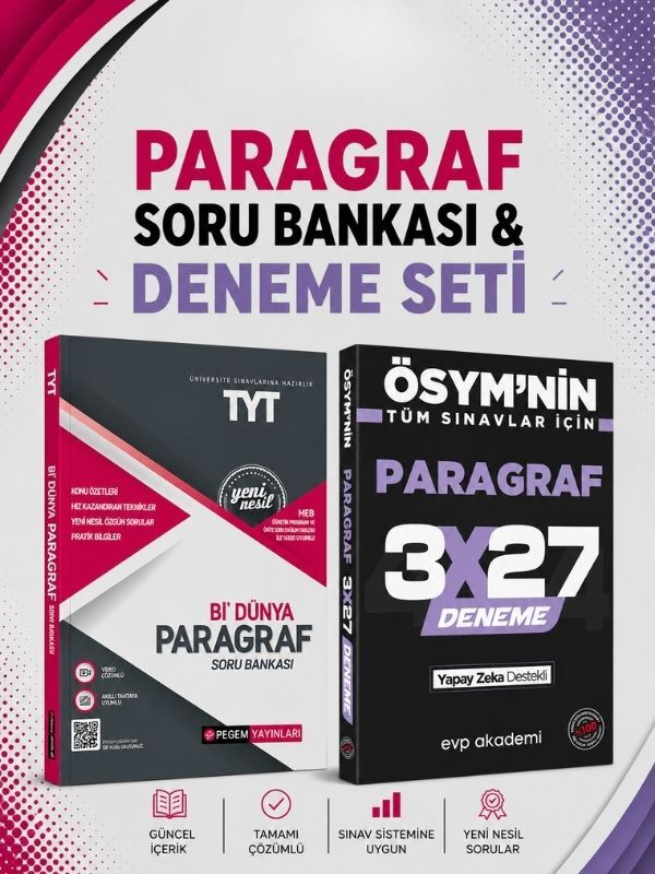 Pegem TYT Bi Dünya Paragraf Soru Bankası & 3x27 Paragraf Deneme EVP Akademi Seti