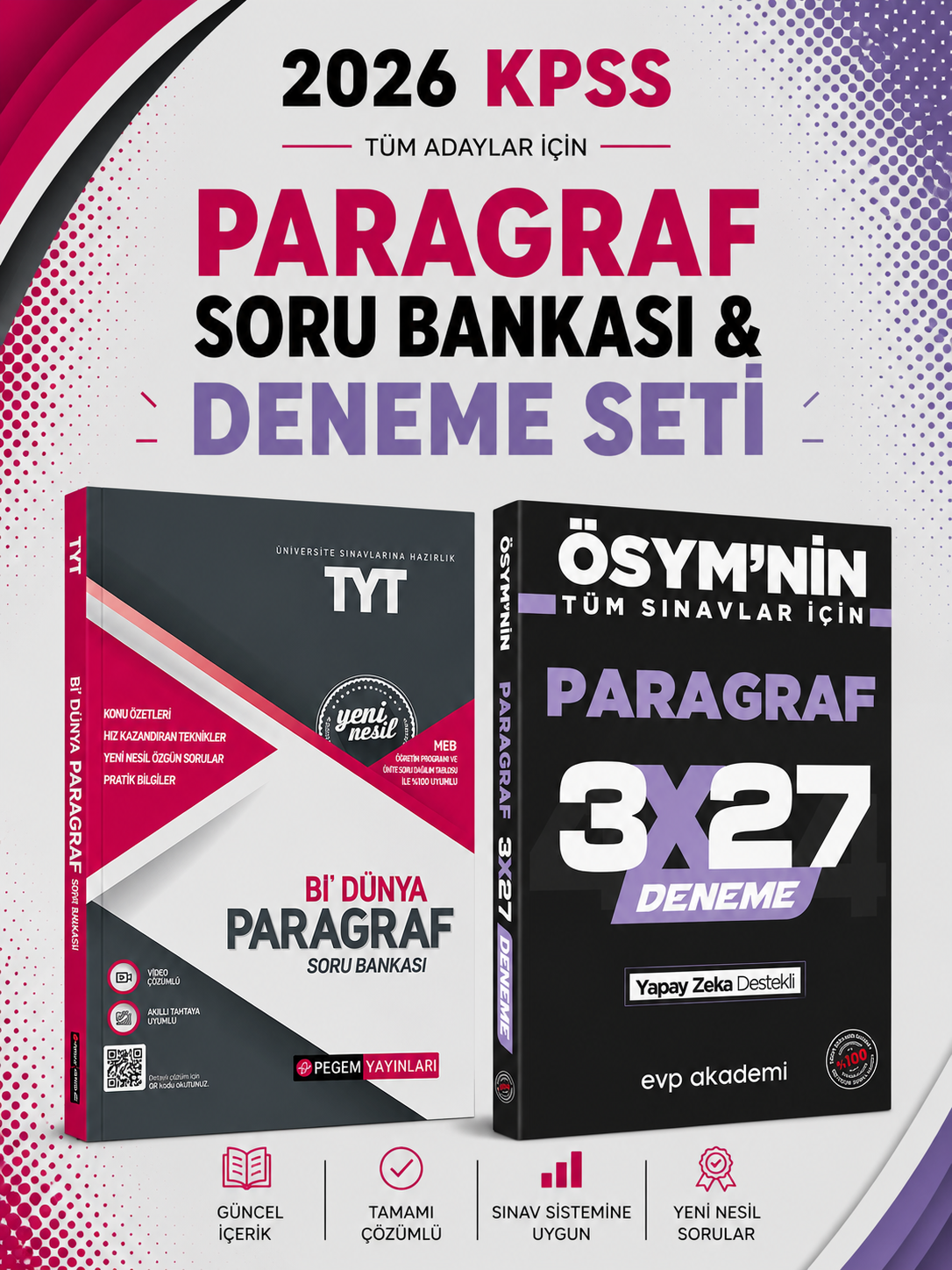 Pegem TYT Bi Dünya Paragraf Soru Bankası & 3x27 Paragraf Deneme EVP Akademi Seti