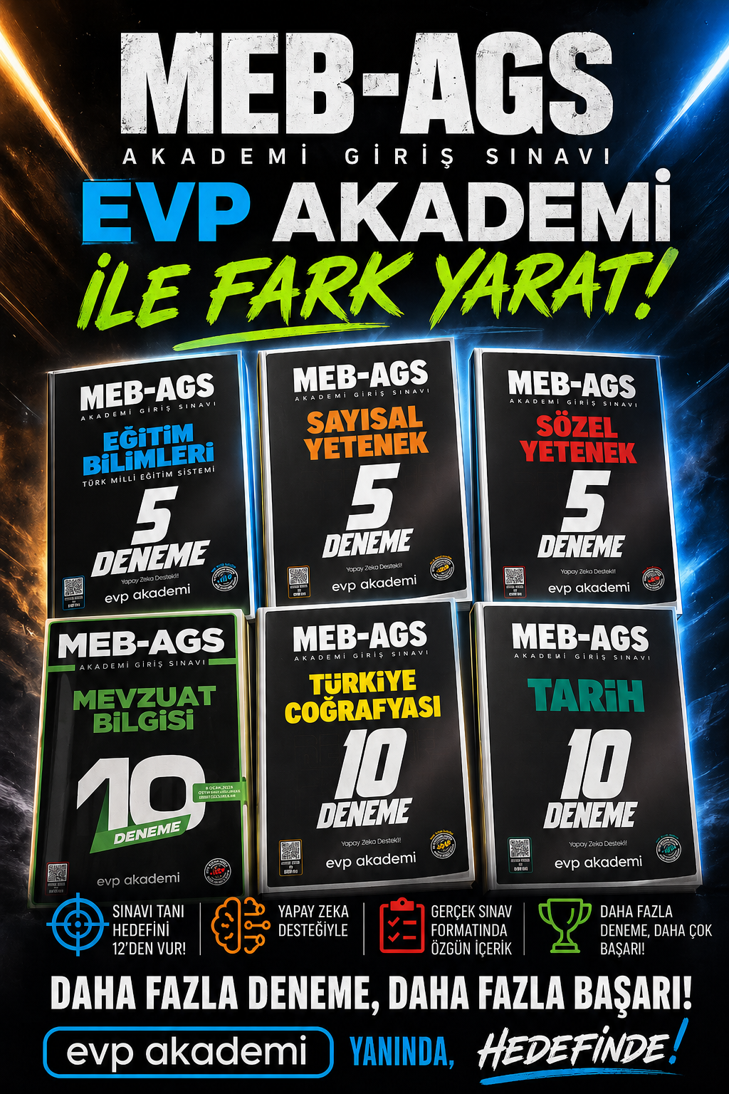 EVP Akademi 2026 Tüm Dersler Deneme Eğitim Bilimleri, Tarih, Türkiye Coğrafyası, Sözel Yetenek, Sayısal Yetenek, Mevzuat Bilgisi 45 Deneme Seti