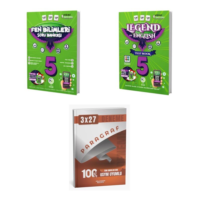 2027 Av 5. Sınıf Fen Bilimleri + İngilizce Legend Of English Test Book Soru + anla kazan paragraf deneme 3'lü Set