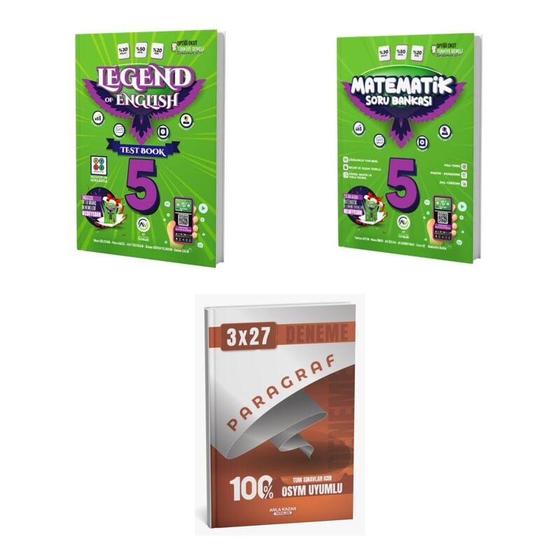 2027 Av 5. Sınıf İngilizce Legend Of English Test Book + Matematik Soru + anla kazan paragraf deneme 3'lü Set