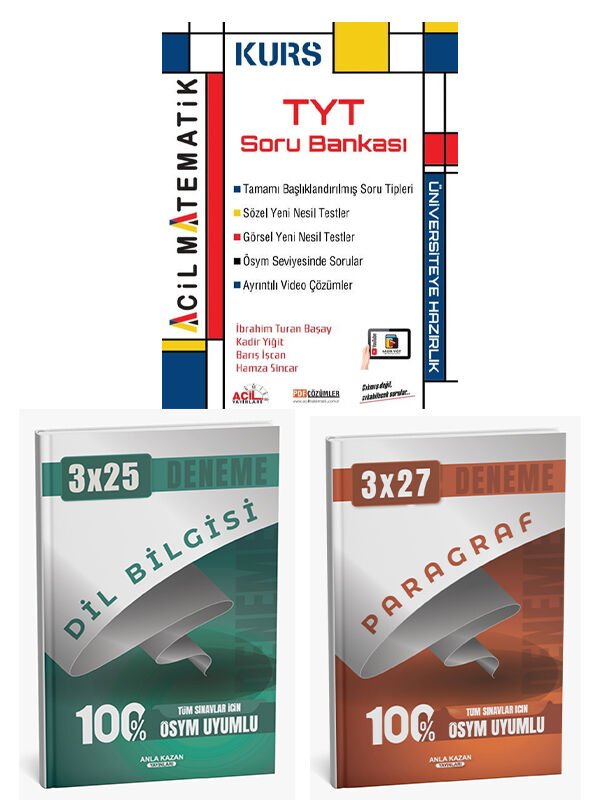Anla Kazan + Acil 2026 TYT KURS Matematik ve Paragraf Dil Bilgisi Deneme 3 lü Set