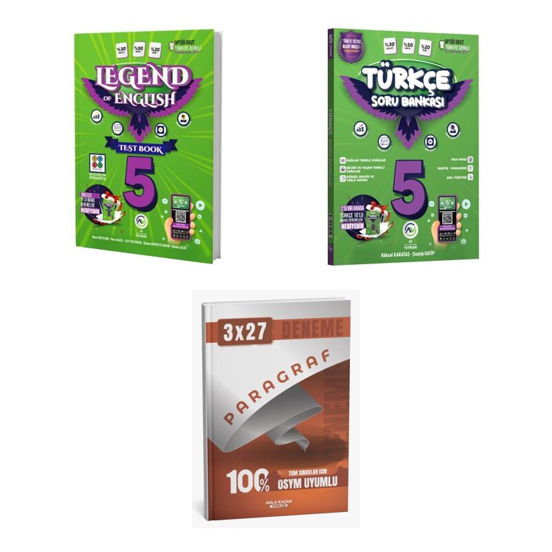 2027 Av 5. Sınıf İngilizce Legend Of English Test Book + Türkçe Soru + anla kazan paragraf deneme 3'lü Set