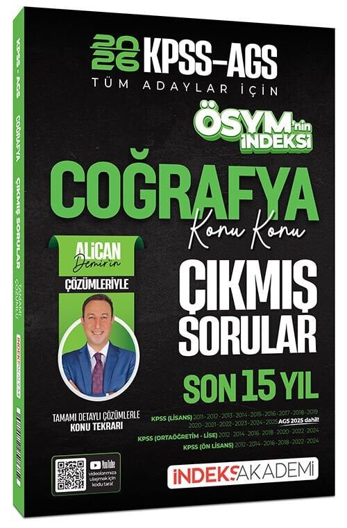 İndeks Akademi 2026 KPSS MEB-AGS Coğrafya ÖSYM nin İndeksi Çıkmış Sorular Son 15 Yıl Konu Konu Çözümlü - Alican Demir İndeks Akademi Yayıncılık