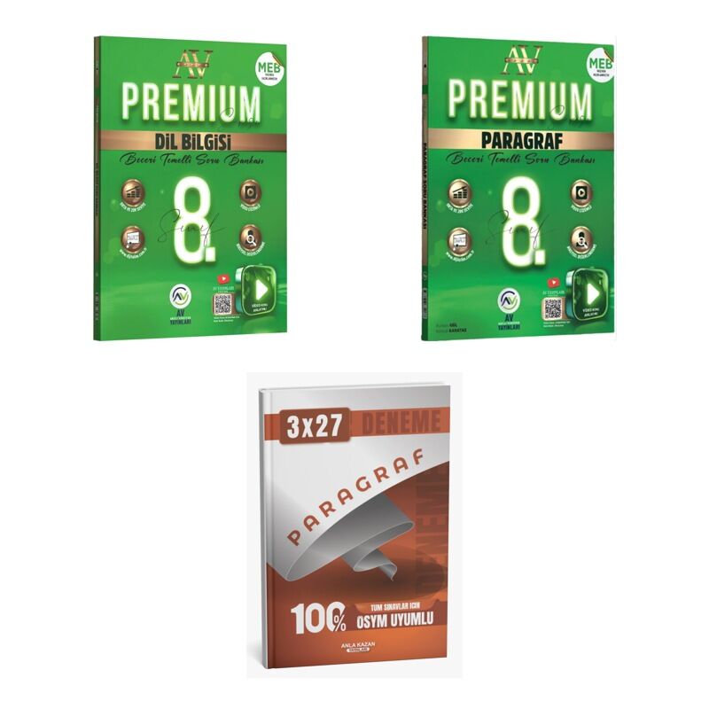 2027 Av 8. Sınıf Premium Beceri Temelli Türkçe Dil Bilgisi + Paragraf Soru + anla kazan paragraf deneme 3'lü Set